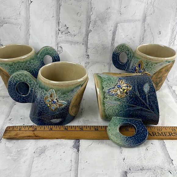 F Widayanto Slanted Ceramic Mugs Set of 4 Artisan Made Ceramic Butterfly Design - Picture 10 of 10